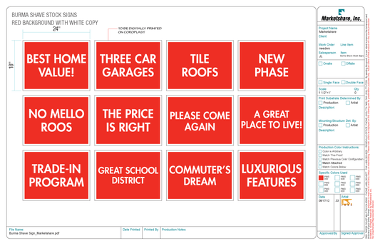 18 x 24 Burma Shave Stock Signs by www.MarketlineOnline.com #873961